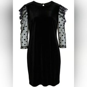 JULIA JORDAN Dot Mesh Sleeve Velvet Shift Dress In Black Size 2